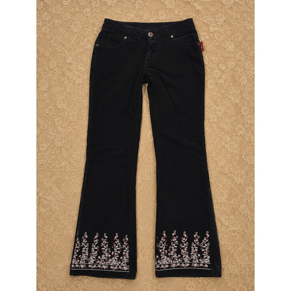 Y2K Black Corduroy Flare Pants Floral Embroidered Y2K 2000s Boho Retro VTG